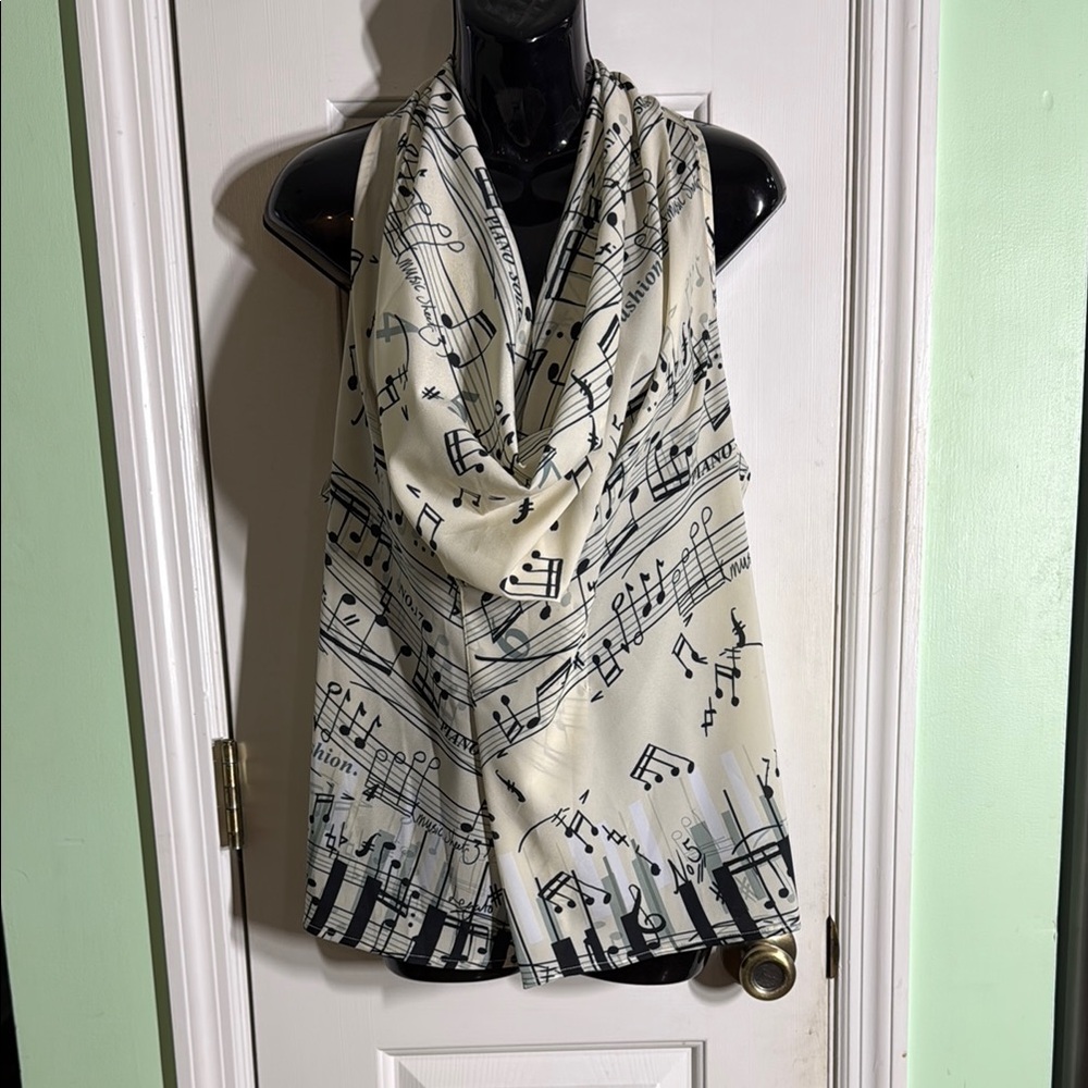 Samuel Dong Black & Beige Music Note Cowl Neck Sleeveless Blouse Top Size Large
